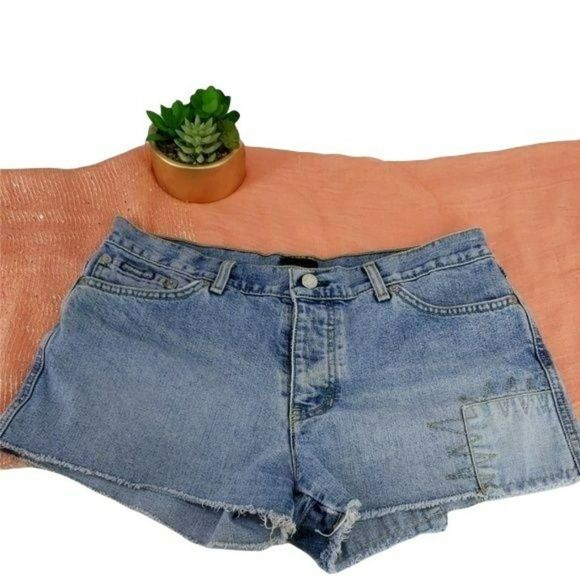 Tommy Jeans Jean Shorts Button Fly Cut Off Distressed Patchwork Size 11 - Picture 2 of 7